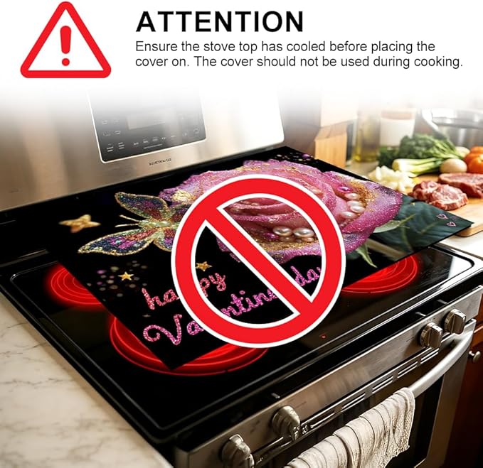 Stove Top Cover for Electric Stove 28.4 x 20.5 Inch Non Slip Stove Mat Oil Proof Valentine Rose Glass Cooktop Protector Kitchen Counter Mat