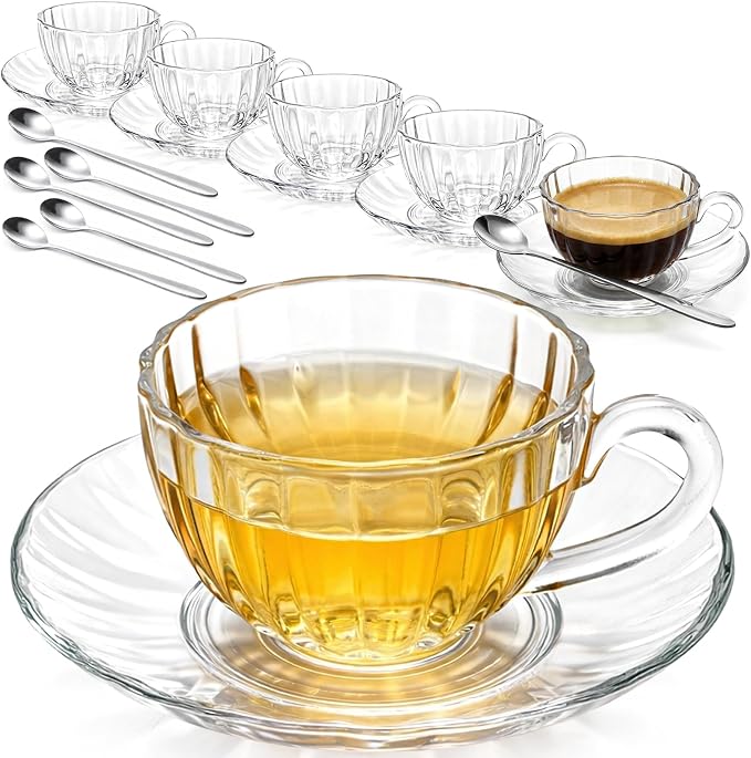 Noamus 6 Pack Glass Teacup and Saucer&Spoons Set, 5Oz/150ml Clear Coffee Mugs with Handles, Dishwasher Microwave Safe Glassware for Espresso Latte Juice Cappuccino Cereal Yogurt Milk Hot/Clod Beverage