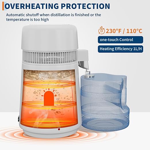 Countertop Water Distiller, 1 Gallon / 4L 750/900W Pure Water Maker with Auto Shut-Off, 304 Stainless Steel & Glass/Plastic, for Home Drinking, Cooking, Appliances – Removes Impurities & Solids