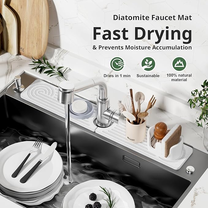 Quick Dry Sink Splash Guard - 15.8" Quick Drying Diatomaceous Earth Faucet Mat - Diatomite Stone Sink Tray for Bathroom Counter - White