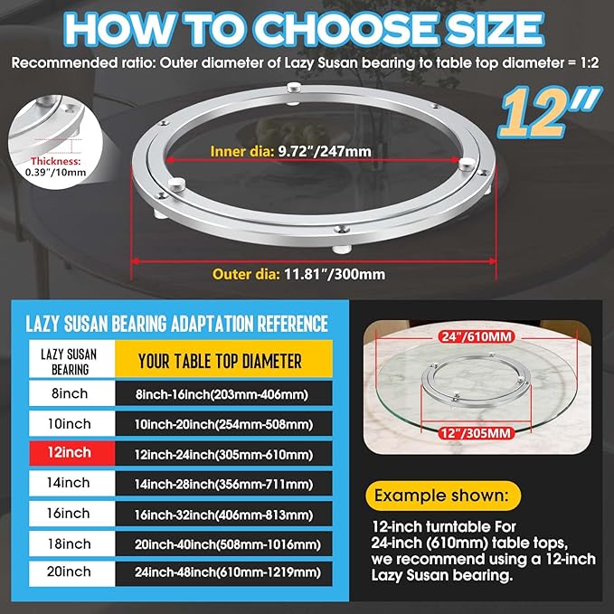 Lazy Susan Hardware,12 inch Heavy Duty Lazy Susan Bearing Kit,Rotating Serving Turntable for Aluminium Alloy Turntable Bearing,Swivel Base Hardware for Dining Table,DIY,Display Stand,Workbench