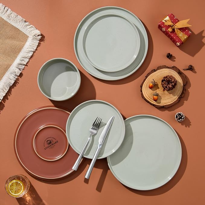 LIANYU Stoneware Dinnerware Sets Service for 8, 24 PCS Plates and Bowls Sets, Handmade Ceramic Dish Set, Highly Chip and Crack Resistant Modern Plate Set, Laurel Green