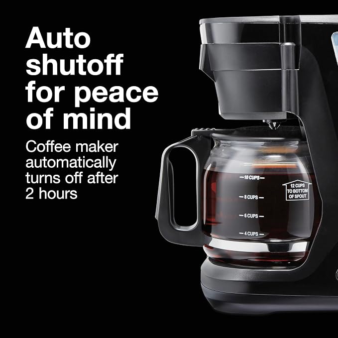 Proctor Silex Digital & Programmable FrontFill 12 Cup Drip Coffee Maker | Glass Carafe | Compact | Auto Shutoff | Black & Silver | 43685PS
