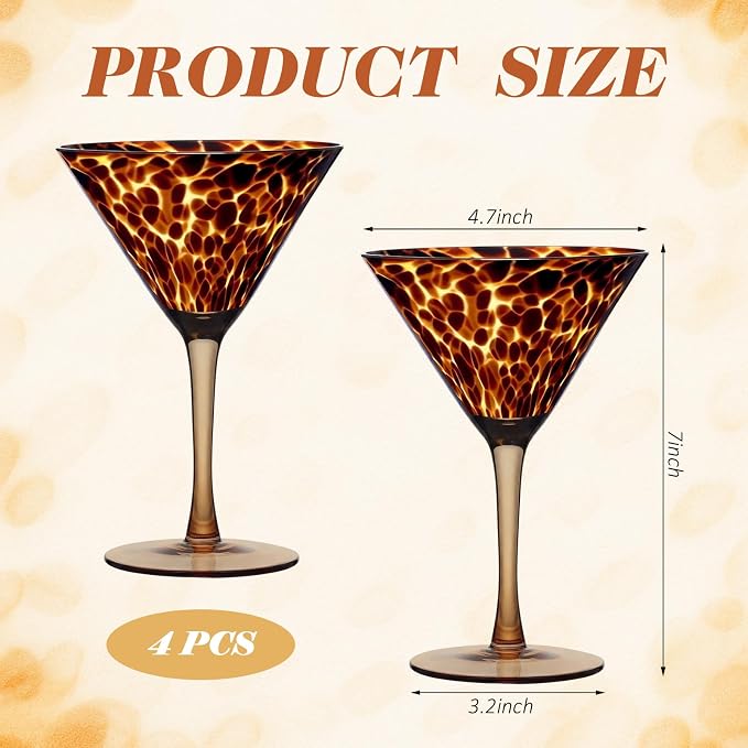 Honeydak Set of 6 Tortoise Leopard Print Martini 7oz Brown Rocks Glasses Stylish Stemless Cocktail Cups Glass Glassware Tumbler Ideal for Gin, Tequila, Vodka, Soft Drinks