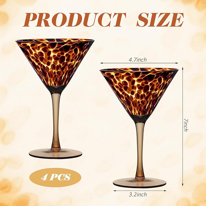 Honeydak Set of 4 Tortoise Leopard Print Martini 7oz Brown Rocks Glasses Stylish Stemless Cocktail Cups Tortoise Glassware Tumbler Ideal for Gin, Tequila, Vodka, Soft Drinks