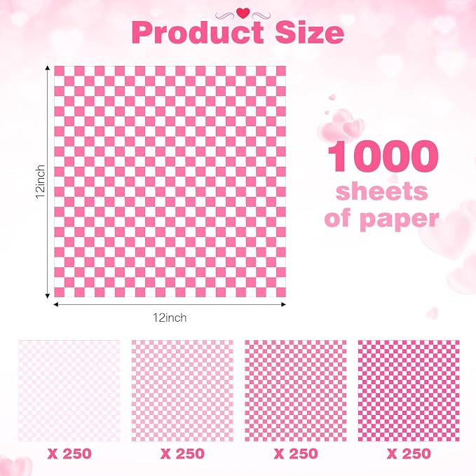 Spakon 1000 Sheets Wax Deli Paper Sheets for Food 12 x 12 Inch Checkered Dry Waxed Deli Basket Liners for Sandwich Wrapping, Food Basket Liners, Picnic party(Pink-white)