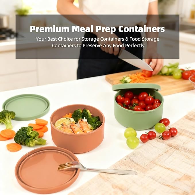 24fl oz (700ml) Silicone Food Storage Containers,Round Bowls with Lids - Meal Prep Containers for Kitchen Serving, Salad & Lunch - Airtight, Microwave/Fridge/Dishwasher Safe, BPA-Free (Beige)