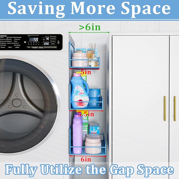 DTUQYX Magnetic Shelf for Washing Machine 4-Pack: Widen Magnetic Laundry Organizer (5"-6") with Hanger Organizer, Strong Magnet, Rust Proof, Heavy Duty Magnetic Spice Rack for Refrigerator (Blue)