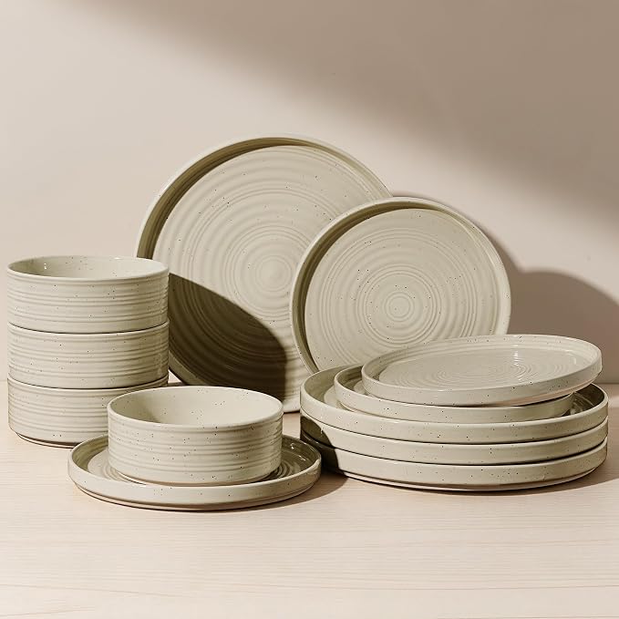 Stoneware Dinnerware Sets for 4, 12-Piece High Edge Plates and Bowls with Speckled Glaze & Spiral Design - Chip & Scratch Resistant, Microwave & Dishwasher Safe - Farmhouse, Honey