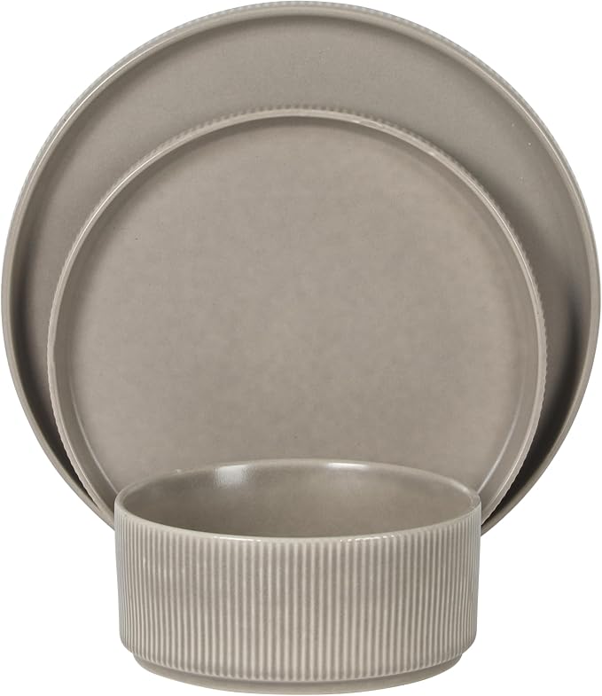Gibson Elite Avant-Garde 12 Piece Stoneware Dinnerware Set for 4, Chateau Grey Plates and Bowls Set with Reactive Glaze, Includes Dinner Plates, Salad Plates and Bowls