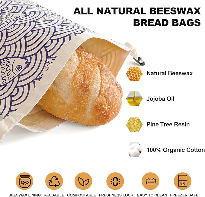 Beeswax Bread Bags for Sourdough, Reusable Bread Bags for Homemade Bread, 2 Pack Natural Cotton Beeswax Storage, Natural Cotton Beeswax Bags, Large Capacity