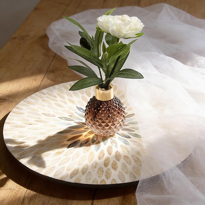 13.4" Mother of Pearl Lazy Susan, Table Centerpiece Round Shell Decorative Lazy Susan Turntable Rotating Tray Organizer for Cabinet Counter Gift Kitchen Office Cafe Home Decor (Beige Blue)