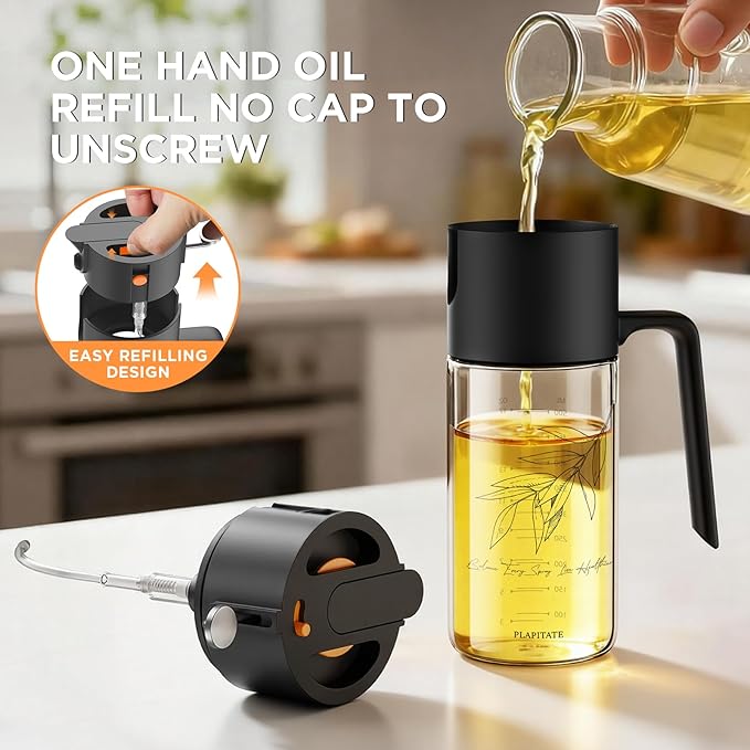 PLAPITATE 2Pcs 17oz Premium Olive Oil Sprayer for Cooking, 2 in 1 Glass Olive Oil Dispenser Bottle for Kitchen Gadgets, Spray Bottle with Portion Control for Salad, Frying, BBQ (Black & White)