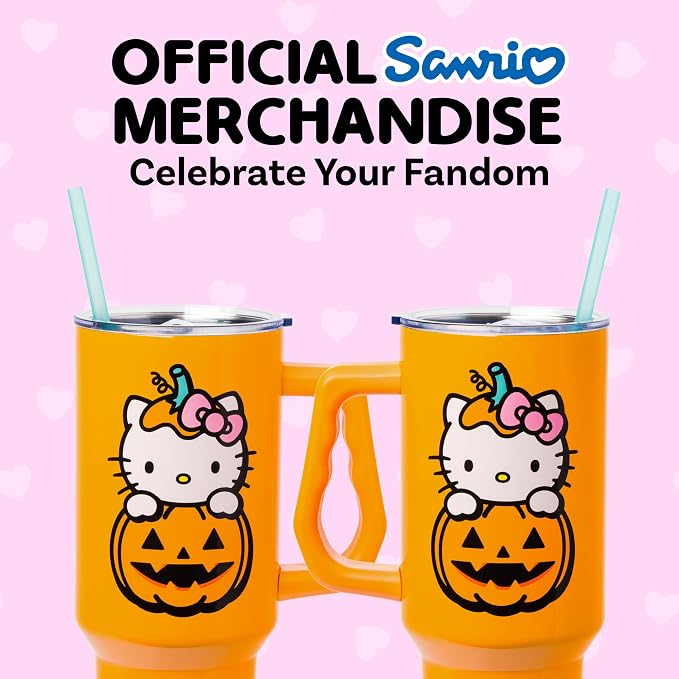Silver Buffalo Sanrio Hello Kitty Halloween Jack-O-Lantern Double Walled Stainless Steel Tumbler with Handle and Straw, Fits in Standard Cup Holder, 40 Ounces