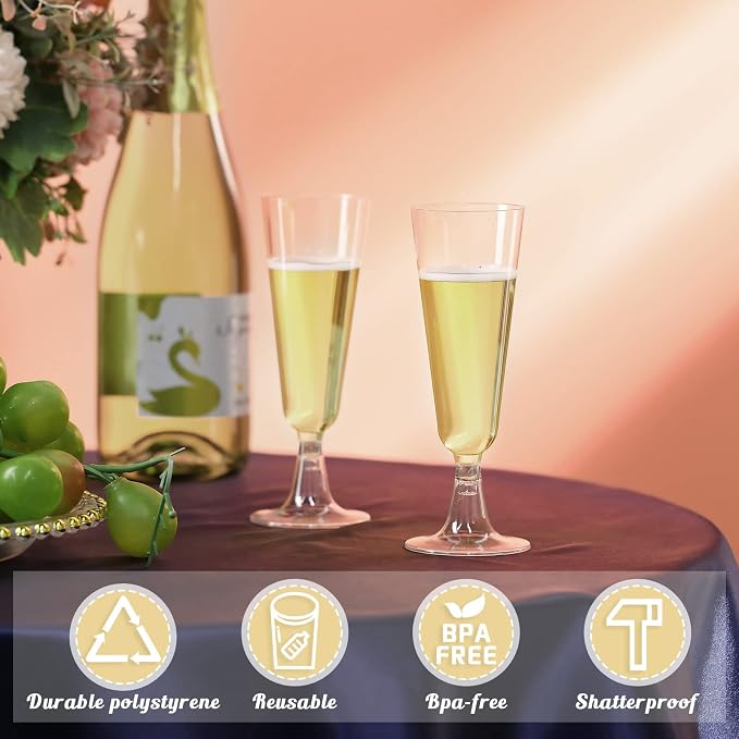 CHENGU 150 Pcs Champagne Flutes 5 Oz Plastic Disposable Champagne Flutes Crystal Wine Glasses Reusable Plastic Cocktail Cups for Wedding Celebration Toasting Drinking (Clear,Classic)
