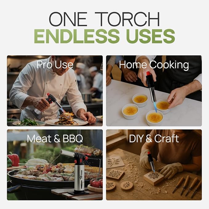 Jo Chef Kitchen Torch with Butane Included – Refillable Lighter with Safety Lock & Adjustable Flame, Blow Culinary Torch for Cooking, BBQ, Creme Brulee, DIY and Soldering - 5 Cans (3.38oz) Included