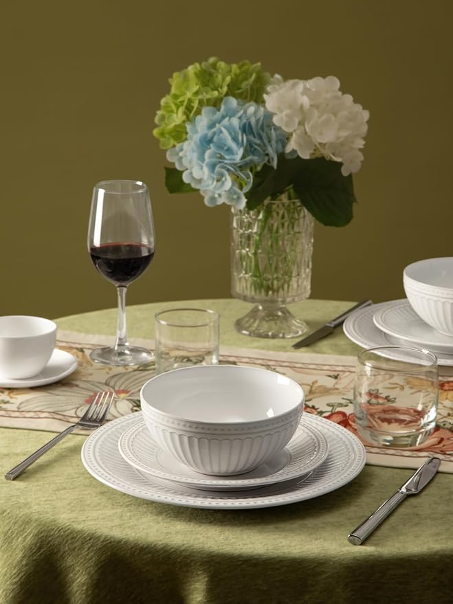 Famiware Garden 18-Piece Embossed Plates and Bowls Sets, Stoneware Reactive Glaze Dishes Dinnerware Set, Modern Rustic, Chip & Scratch Resistant, Microwave & Dishwasher Safe, Service for 6, White