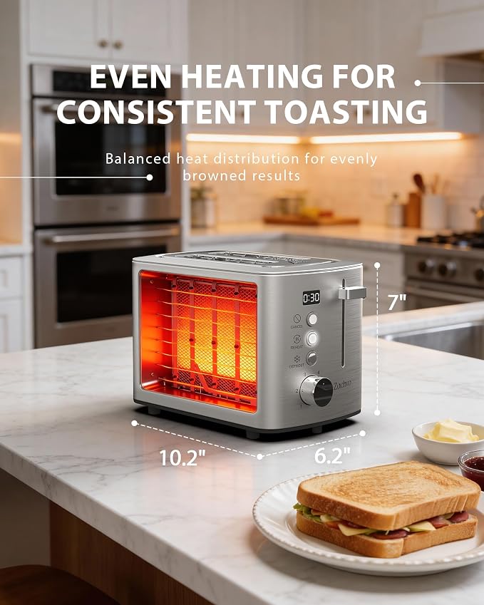 2 Slice Toaster with Wide Slots for Bread & Bagels, Stainless Steel Toaster with Digital Countdown, 6 Shade Settings, Defrost, Reheat & Cancel, Compact Design for Kitchen