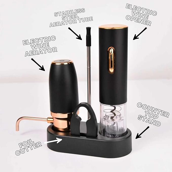 Sip and Shimmer Modern Wine Gift Set, includes Wine Aerator, Wine Opener, Foil Cutter, and a Stand; Great as a Christmas Gift for a wine lover