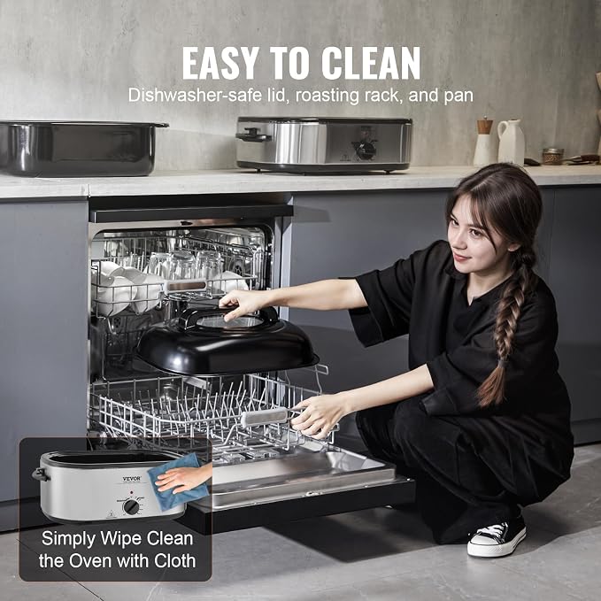 VEVOR Electric Roaster Oven with Defrost & Warm Function, 24 QT Turkey Roaster Oven with Self-Basting Lid, 1450W, Adjustable Temp, Removable Pan & Rack, Fits Turkeys Up to 28LBS, Silver