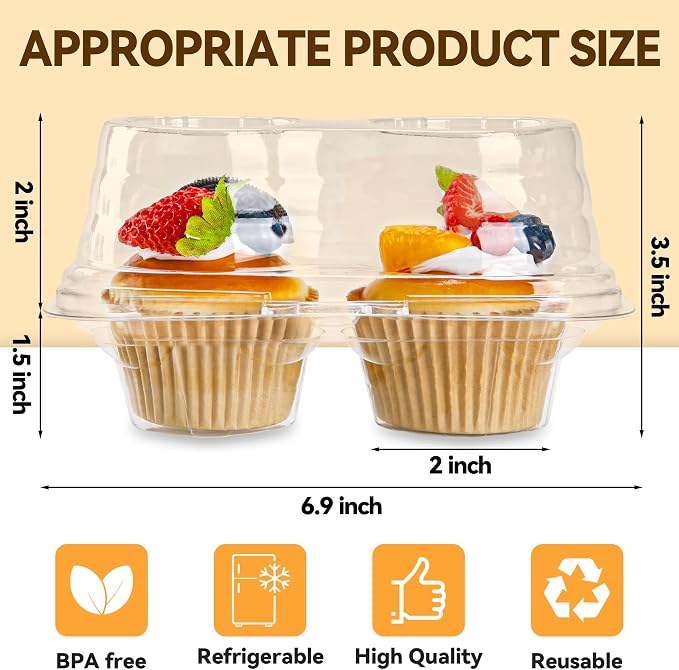 NPLUX 2 Count Cupcake Containers 25 Pack Cupcake Holder with Connected Airtight Lid Cupcake Boxes for 50 Cupcakes Muffins, BPA Free, Standard Size