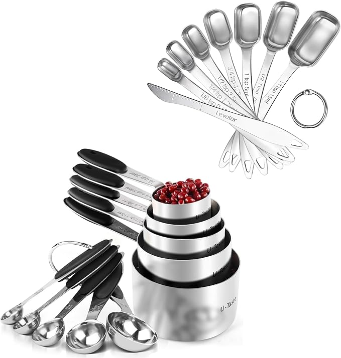 U-Taste 18/8 Stainless Steel Measuring Cups and Spoons Set of 10, and 18/8 Stainless Steel Square Measuring Spoons Set of 8 (Black+Silver)