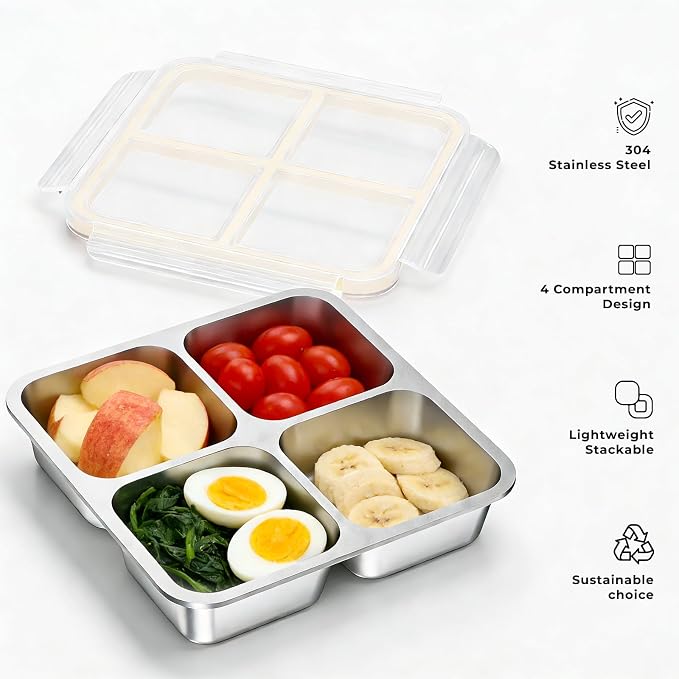 3 Pack Stainless Steel 4 Compartment Snack Containers with Lids, Reusable Divided Lunch & Food Storage Containers for Work, Travel (Pink, Yellow, Blue)