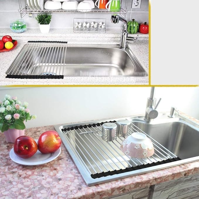 Foldable Roll Up Dish Drying Rack Drain Board Colander Mat and Dry Dishes Over The Sink Multipurpose Silicone Stainless Steel Dishes Drainer - 2pcs