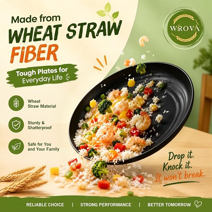 Wrova Wheat Straw Dinnerware Sets 40-Piece- Kitchen Plates and Bowls Sets for 8- Unbreakable Dishes Set Microwave Safe- Deep Dinner Plates/Cereal Bowls/Sauce Dishes/Drink Cups for RV,Apartment- Black