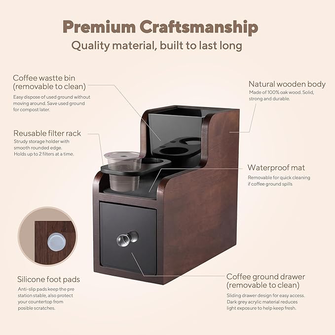 Coffee Pod Maker Stand, Solid Wood Reusable K-Cup Filter Holder & Filling Station with Coffee Ground Storage Drawer & Waste Bin, Countertop Wood Coffee Bar Organizer, Easy Daily Refill (Walnut)
