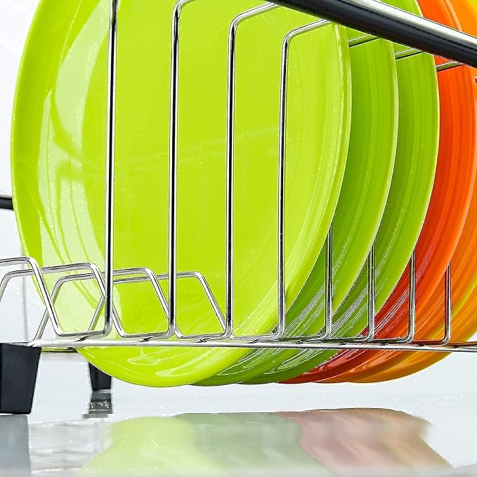 iPEGTOP Expandable Dish Drying Rack, Over The Sink Dish Rack, in Sink Or On Counter Dish Drainer with Black Utensil Holder Cutlery Tray, Rustproof Stainless Steel for Kitchen