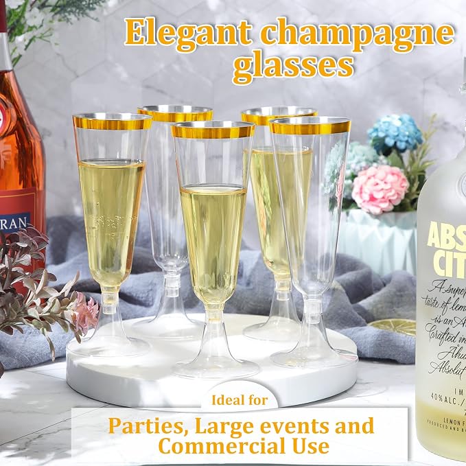 CHENGU 150 Pcs Champagne Flutes 5 Oz Plastic Disposable Champagne Flutes Crystal Wine Glasses Reusable Plastic Cocktail Cups for Wedding Celebration Toasting Drinking (Gold,Classic)