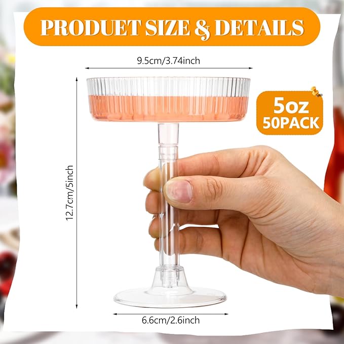 50 Pcs Ribbed Martini Glasses 5 oz Disposable Plastic Vintage Ribbed Coupe Glasses Cocktail Unbreakable Dessert Parfait Glassware for Wedding Party Supplies (Clear)