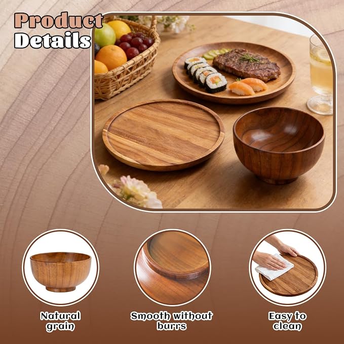 12 Pcs Wood Dinnerware Set,8 Inch 10 Inch Round Wooden Plates and wooden bowl,4 Person Set of Wooden Dinner Ware Set for Main Meals,Snacks and Desserts