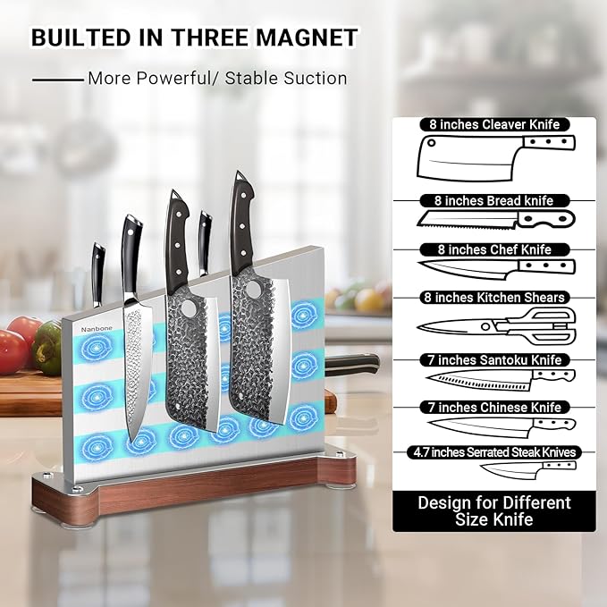 Magnetic Knife Block Without Knives Large Double Side Magnetic Knife Holder Stand with Strong Magnet, Stainless Steel Knife Storage Organizer for Kitchen Counter Knife Rack Three Magnet Strip