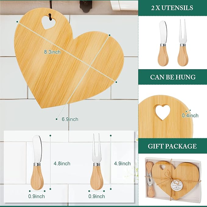 Patelai 24 Set Bridal Baby Shower Favor Heart Cheese Board with Knife, Wood Mini Charcuterie Board Thank You Gift Box for Guest Bridal Baby Shower Prize Wedding Valentines Birthday (Bamboo Color)