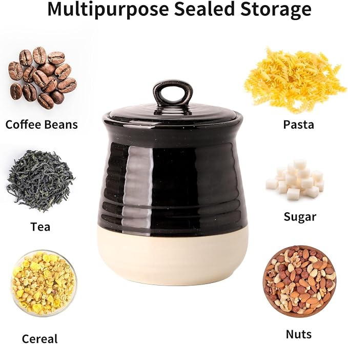 HASENSE Ceramic Food Storage Jar with Airtight Lid, 30 FL Oz Kitchen Canister for Coffee Beans, Tea, Sugar & Candy, Farmhouse Coffee Cookie Container for Kitchen Counter, Black