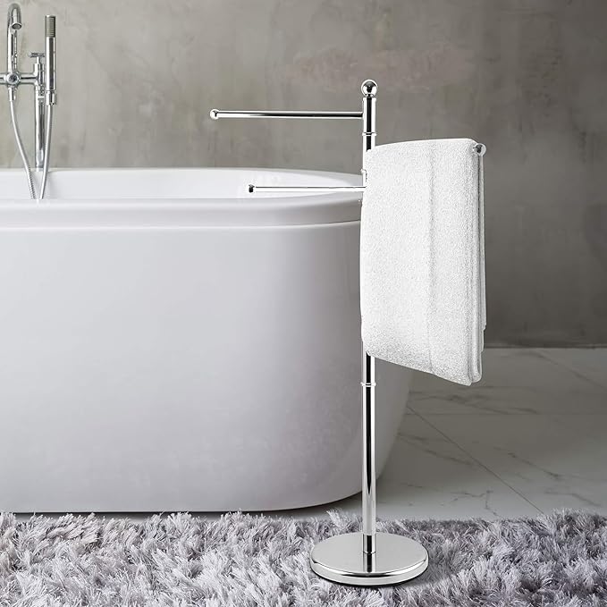 MyGift 40-Inch Silver Metal Freestanding Towel Rack for Bathroom with 3 Swivel Arms
