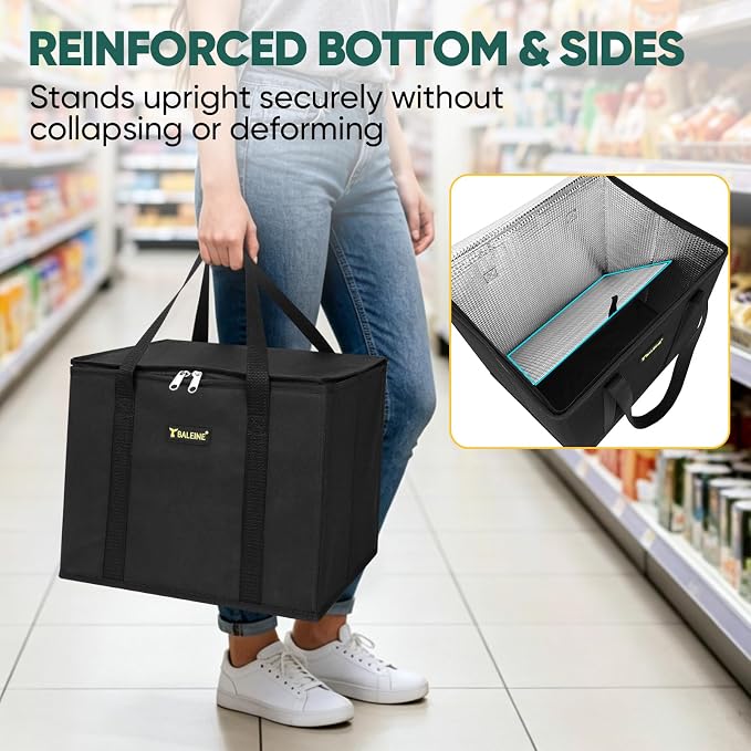 BALEINE 1Pk Insulated Reusable Grocery Bags, Foldable Shopping Bags for Groceries with Reinforced Bottom & Handles (Black)