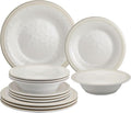 UPware 12 Piece Beaded Melamine Dinnerware Sets, Outdoor Dishes Set, Plates and Bowls Sets, Service for 4, Cream