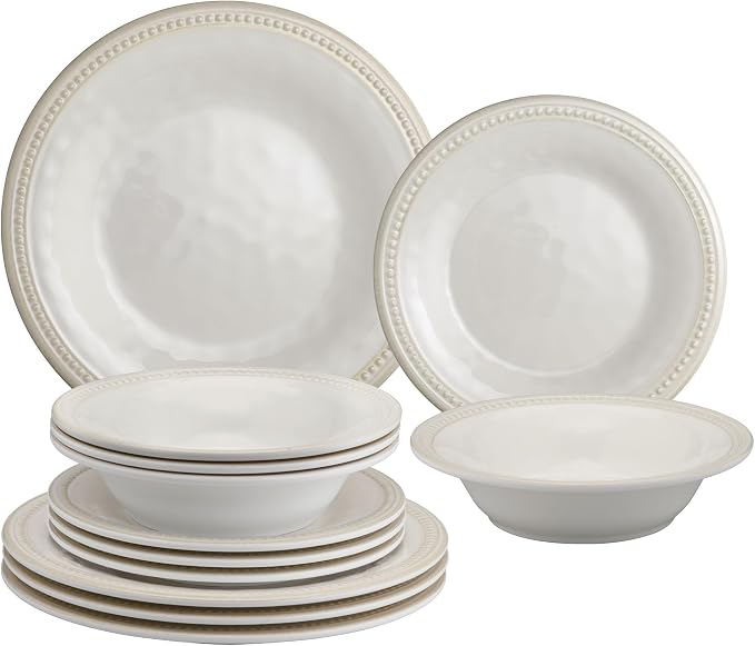 UPware 12 Piece Beaded Melamine Dinnerware Sets, Outdoor Dishes Set, Plates and Bowls Sets, Service for 4, Cream