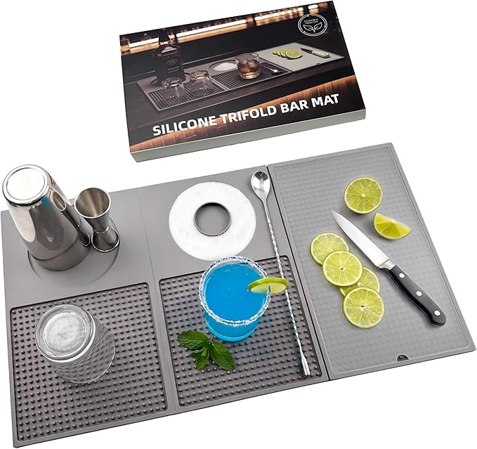 12'' x 22'' Silicone Cocktail Bar Mat for Bartending & Home Bar - Multifunctional Folding Drink Mat with Cutting Board - Portable Black Bar Countertop Accessories & Spill Mat（GREY）