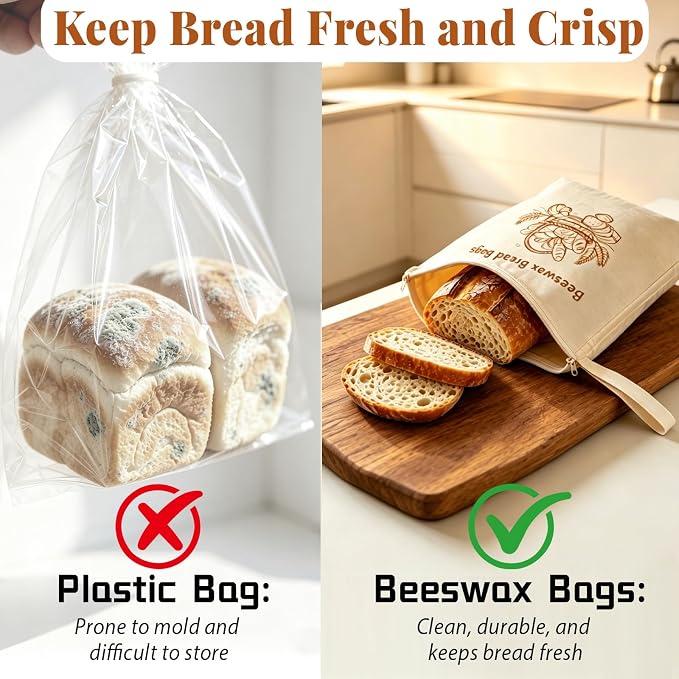 2 Pack Beeswax Bread Bags for Homemade＆Sourdough, 17"x13" XL Reusable Organic Linen with Wide Zipper, Freezer-Friendly Eco-Friendly Storage for Bread, Keeps Loaves Fresh Longer