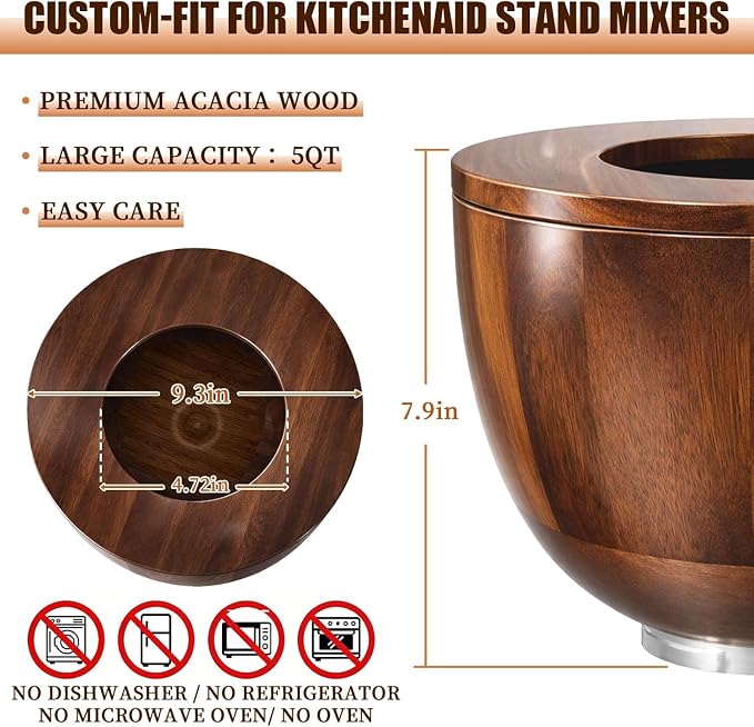 LOVIVO Premium Acacia Wood 5 Quart Mixing Bowl with Splash-Proof Lid, Compatible with KitchenAid 4.5-5 Qt Tilt-Head Stand Mixers, Wooden Bowl for Stand Mixer with Stainless Steel Locking Base