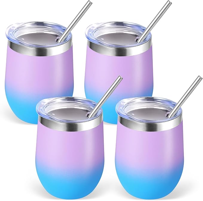 Volhoply 12oz Stainless Steel Wine Tumbler with Lid Bulk 4 Pack,Double Wall Vacuum Stemless Wine Glasses,Reusable Metal Travel Coffe Mug with Straw,Insulated Cup Gifts for Christmas（Lavender,4 Set）