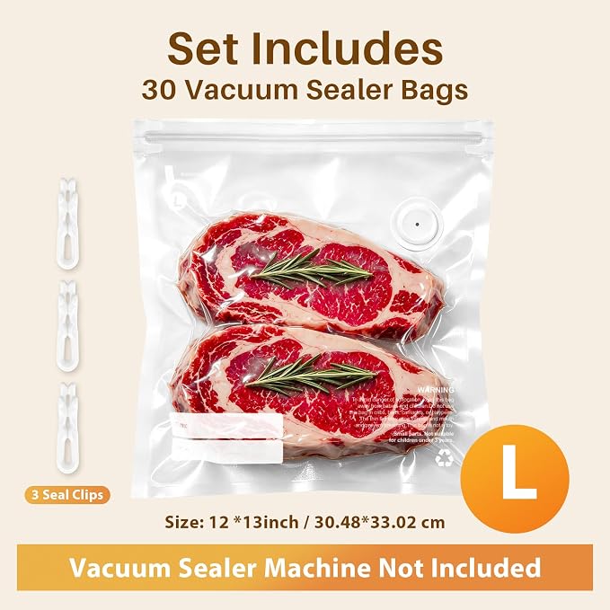 Reusable Vacuum Sealer Bags for Food – 30 BPA-Free Large (12 x 13 in) Food Storage Bags, Freezer Microwave Safe – Odor Resistant, Leak-Proof – Compatible with Compact Vacuum Sealer