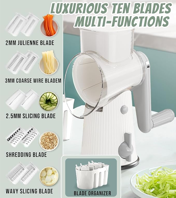 5 In 1 Rotary Cheese Grater Vegetable Slicer for Kitchen, Carrot Shredder Tool-Food Shredders with 5 Sets Interchangeable Blades And Strong Suction Base (White)