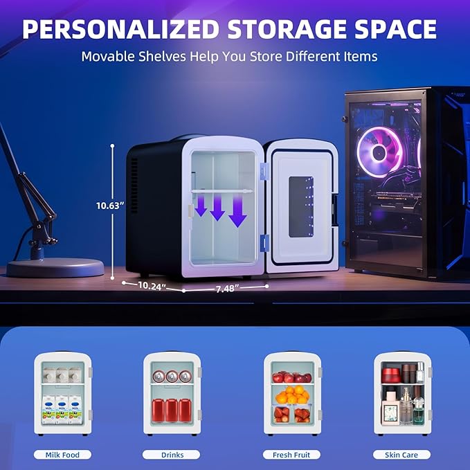 Antarctic Star Mini Fridge 4 Liter/6 Cans Portable Mini Compact Refrigerator with Gaming Light, for Bedroom,Car,Office and Dorm, Small Cooler for Cosmetics, Beverage and Food, Black