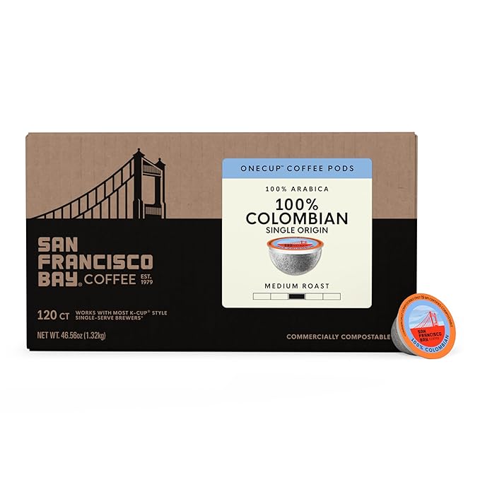 San Francisco Bay K-Cup Coffee Pods, 100% Colombian (120 ct), Medium Roast, Commercially Compostable Single-Serve Coffee Pods