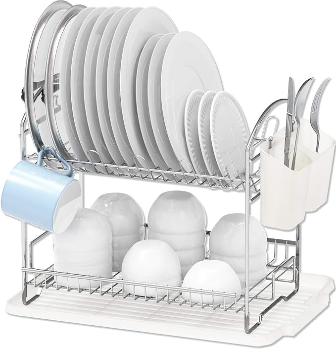 Simple Houseware 2-Tier Dish Rack with Drainboard + Over Sink Counter Top Dish Drainer Drying Rack, Chrome